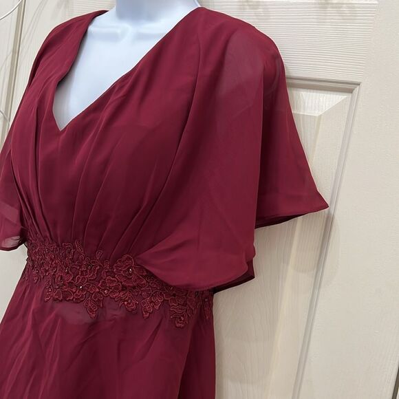 Wedding Pant Suit Maroon Red Sheer Ruched Cap Sleeve Embroidered Beaded Elegant - Picture 4 of 15